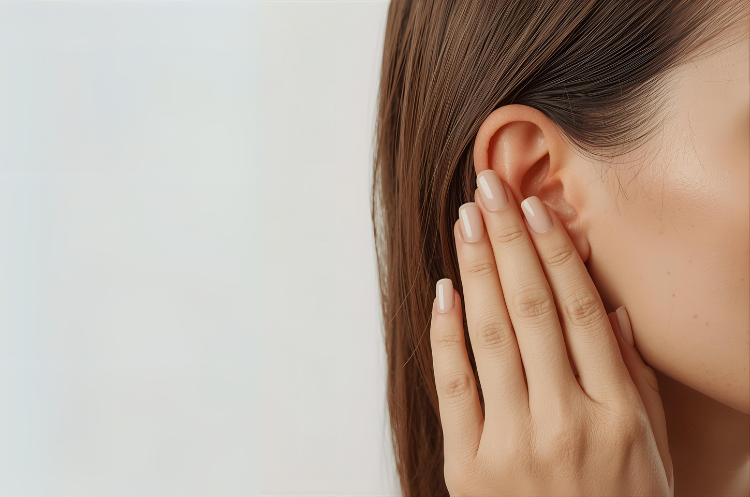 Woman with hand near ear showing discomfort during perimenopause