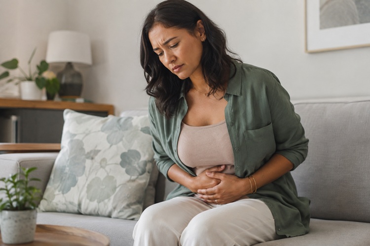 Woman experiencing abdominal discomfort and bowel issues during perimenopause.