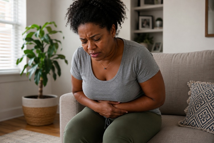 Woman experiencing constipation and abdominal discomfort during perimenopause.