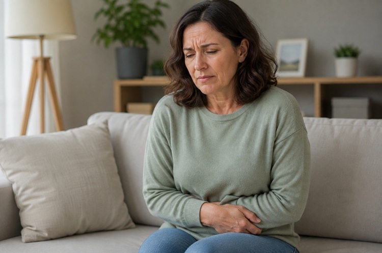Woman experiencing digestive discomfort associated with perimenopause
