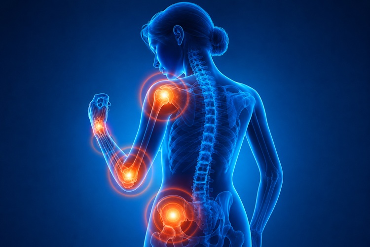 Illustration of inflammation in a woman during perimenopause, highlighting painful joints in the shoulder, elbow, wrist and hip.