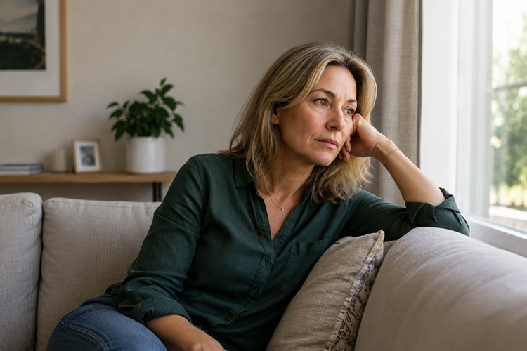 Middle-aged woman sitting thoughtfully on a sofa at home, illustrating emotional changes and mood swings that can occur during perimenopause.
