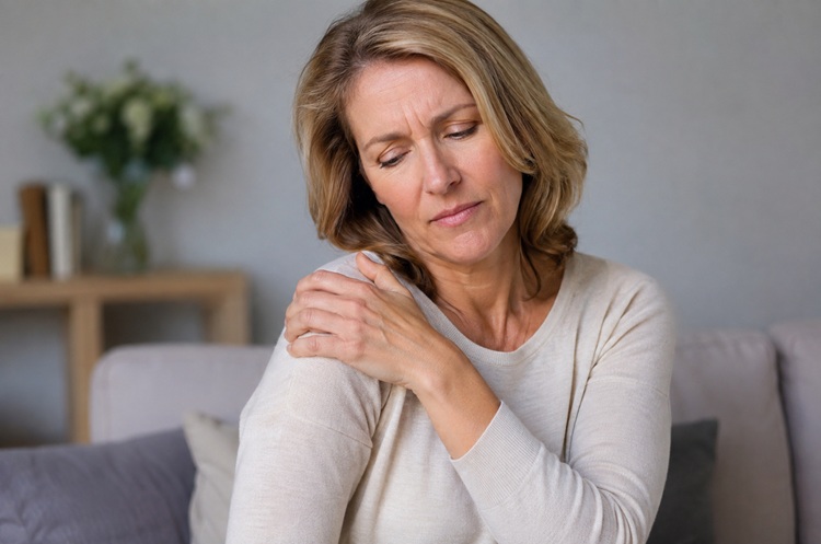 Woman experiencing shoulder pain during perimenopause, holding her shoulder while seated at home