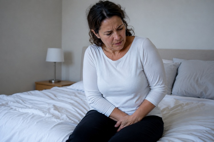 Woman experiencing vaginal itching and vulvar discomfort during perimenopause.